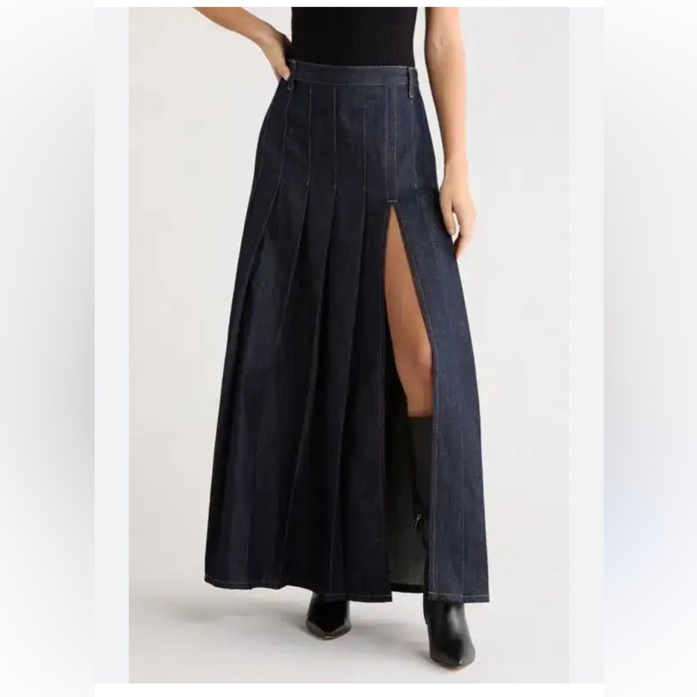 Topshop Dark Blue Denim Maxi Skirt with Front Slit